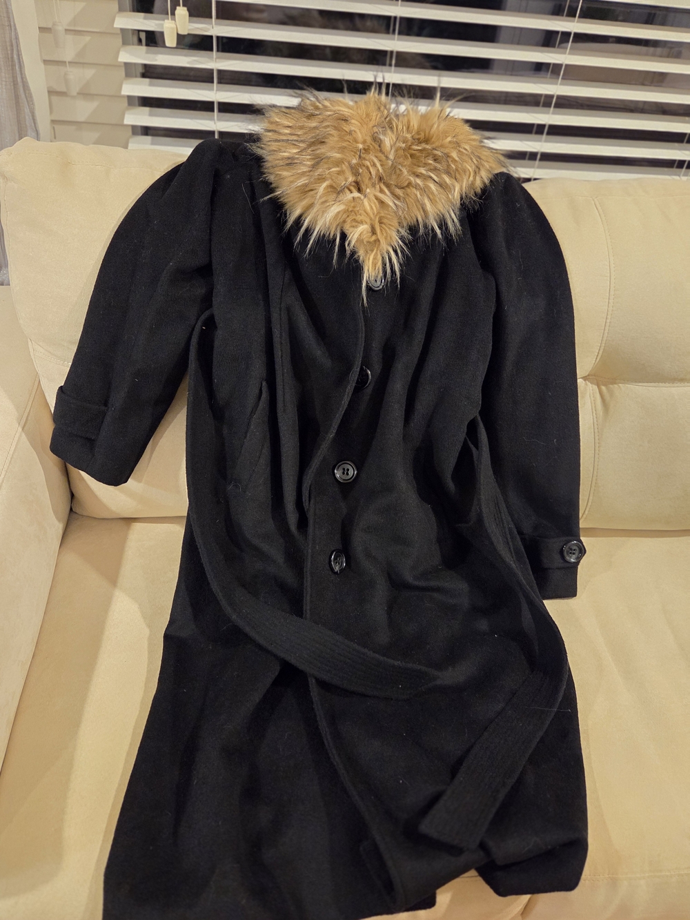 Steve Madden Black Wool Pea Coat with Faux Fur Trim